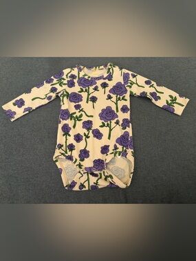 Mini Rodini Cream Long Sleeve Bodysuit with Purple Rose Print